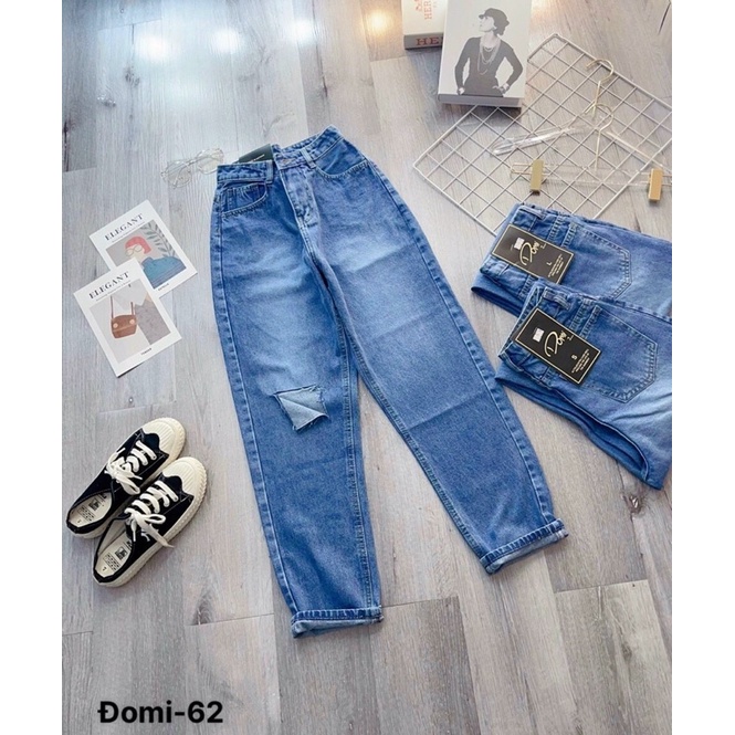 Quần Baggy Jean Nữ Lưng Cao Rách Kiểu Một Bên Ms62