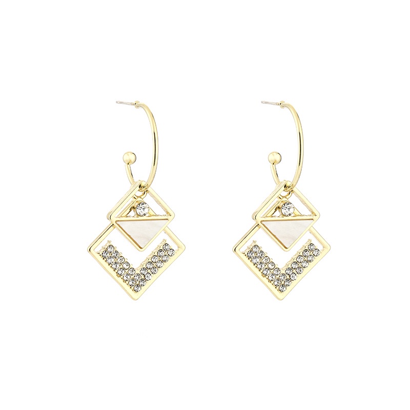 Khuyên Tai Hình Vuông Hai Lớp Đính Kim Cương Giả Kiểu Hàn Quốc Cá Tính