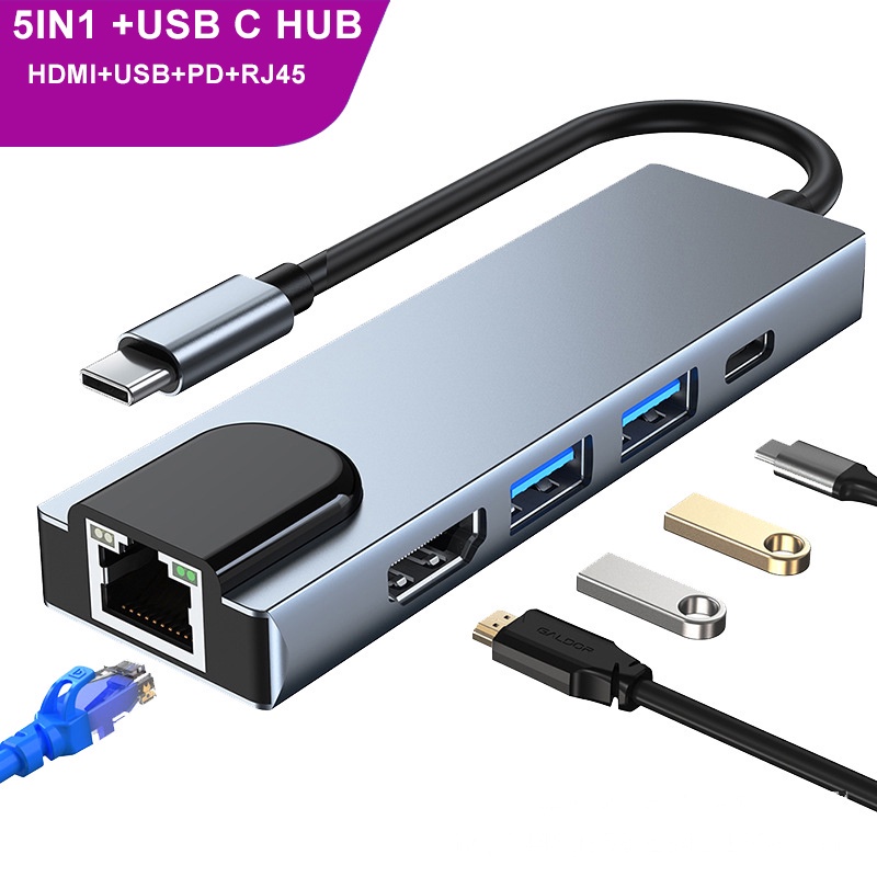 Bộ Chia 5 Cổng USB Type C Sang HDMI 4K RJ45 USB3.0 PD 5 Trong 1 Cho Laptop Notebook