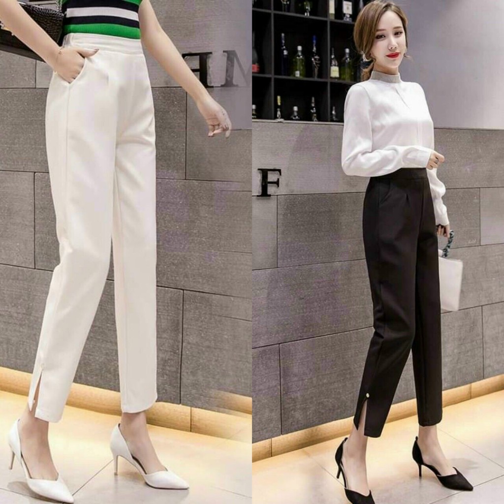 Quần baggy nữ 💖FREESHIP💖 Quần công sở thiết kế lưng chun sau khoá sườn xẻ gấu