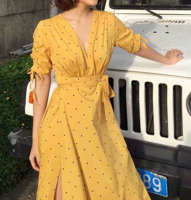 Đầm váy maxi bi vàng xẻ tà (kèm hình thật) | BigBuy360 - bigbuy360.vn