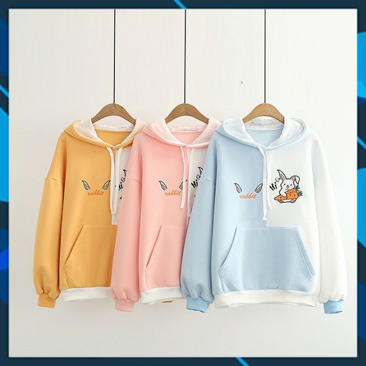Áo Hoodie Chui Đầu In Hình Thỏ phối màu ngộ nghĩnh FREE SIZE