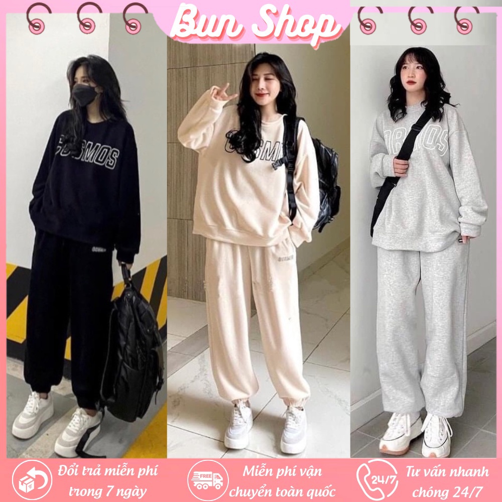 Bộ nỉ bông nữ Cosmos - Áo hoodie dài tay kèm quần jogger thu đông, Chất nỉ cotton, Form dài rộng thoải mái