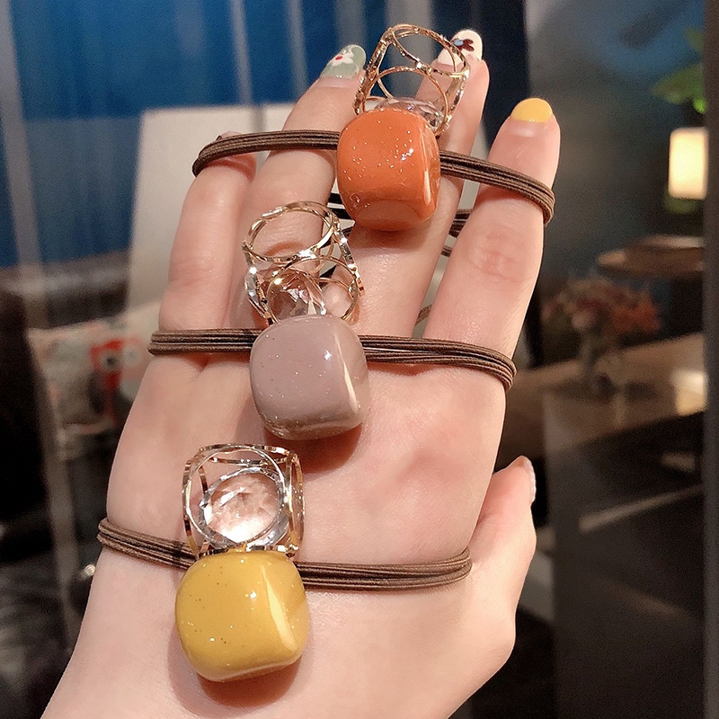 Dây buộc tóc cao su mặt hình vuông đính đá zircon thời trang Hàn Quốc cho nữ