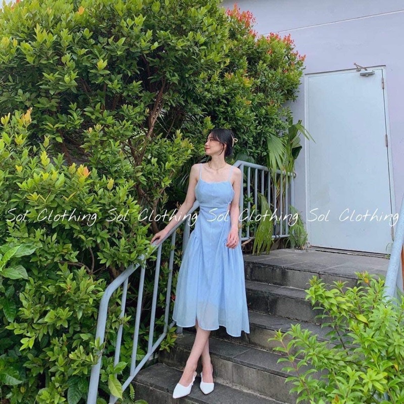 Đầm midi 2s xanh khoét eo lên dáng chuẩn form mẫu kèm ảnh thật trải sàn