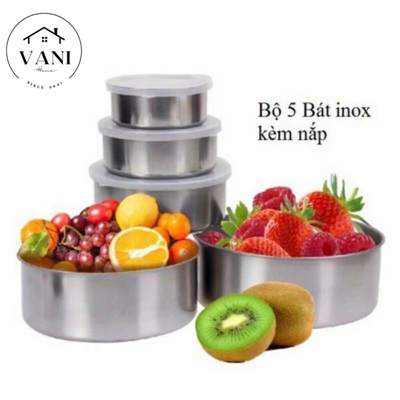 Bộ 5 thố inox có nắp - 5 bát inox đựng thực phẩm