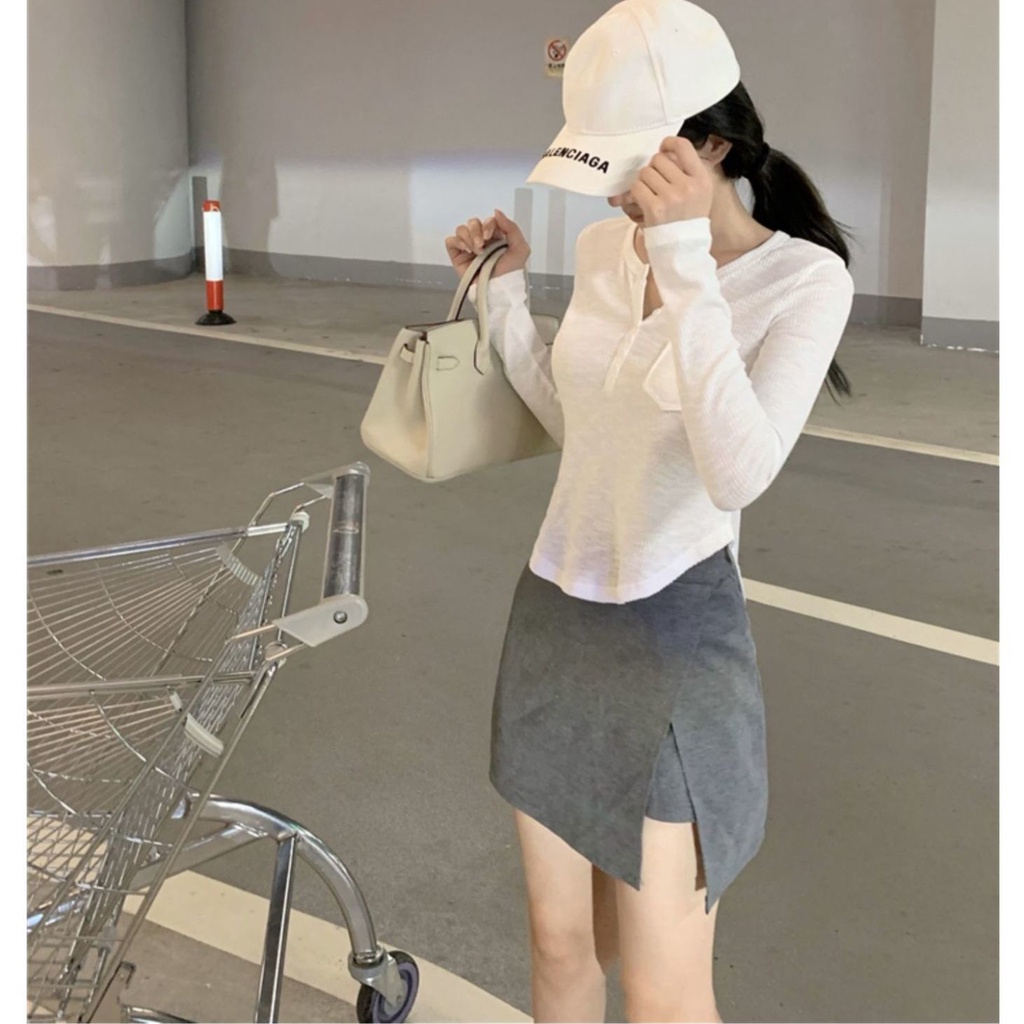 Áo Thun DáNg NgắN Cổ Chữ V Tay DàI Phong CáCh HàN QuốC NZ-TX-348