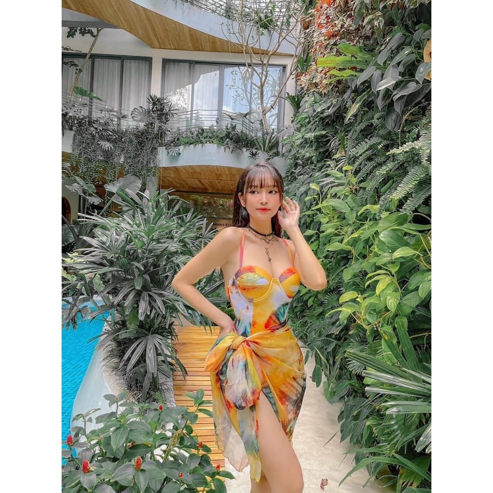 ComBo 2 Món Bikini, Đồ Bơi Đi Biển Một Mảnh Kèm Khăn Họa Tiết Sang Đẹp CB-019