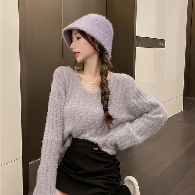 Áo Sweater Dệt Kim Dáng Ngắn Màu Hồng Thời Trang Thu Đông Mới