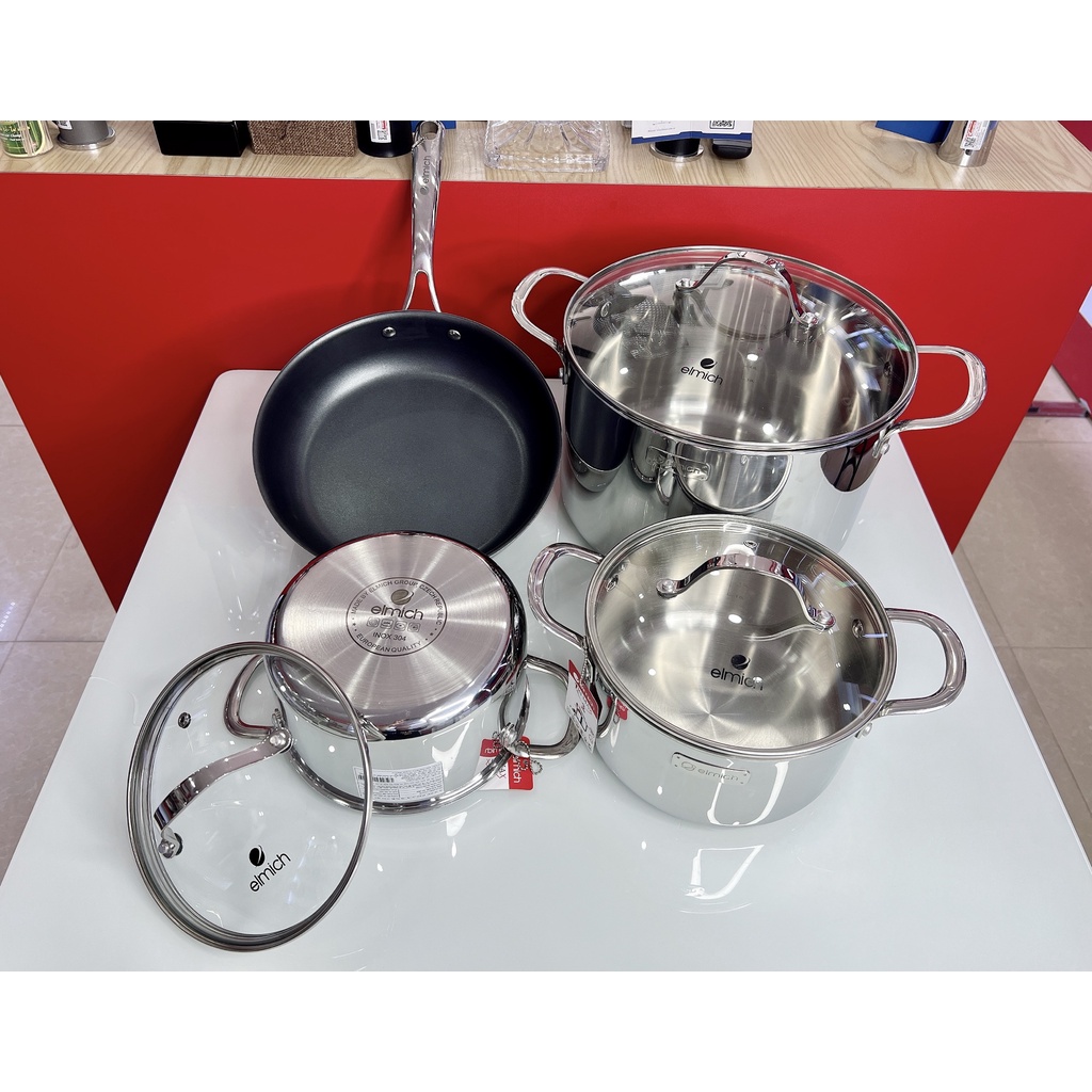 Bộ nồi chảo inox Elmich 3742 inox 304 trimax đáy liền nguyên khối  18CM, 20CM, 26CM chảo 26CM