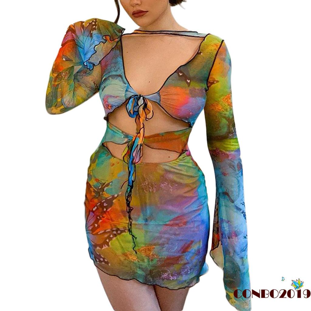 HGM-Women Butterfly Print Mini Dress, Long Sleeve Deep V-neck Hollow Out Lace-up Bodycon Dress
