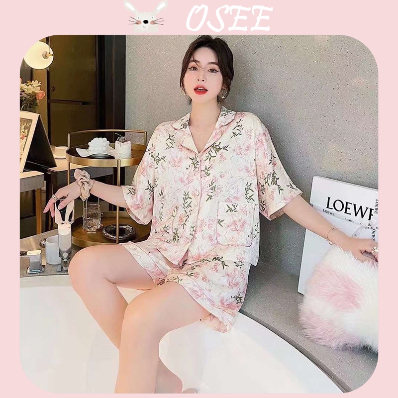 Bộ Đồ Ngủ Lụa satin Tay Ngắn In Họa Tiết Hoa Thời Trang Mùa Hè Cho Nữ
