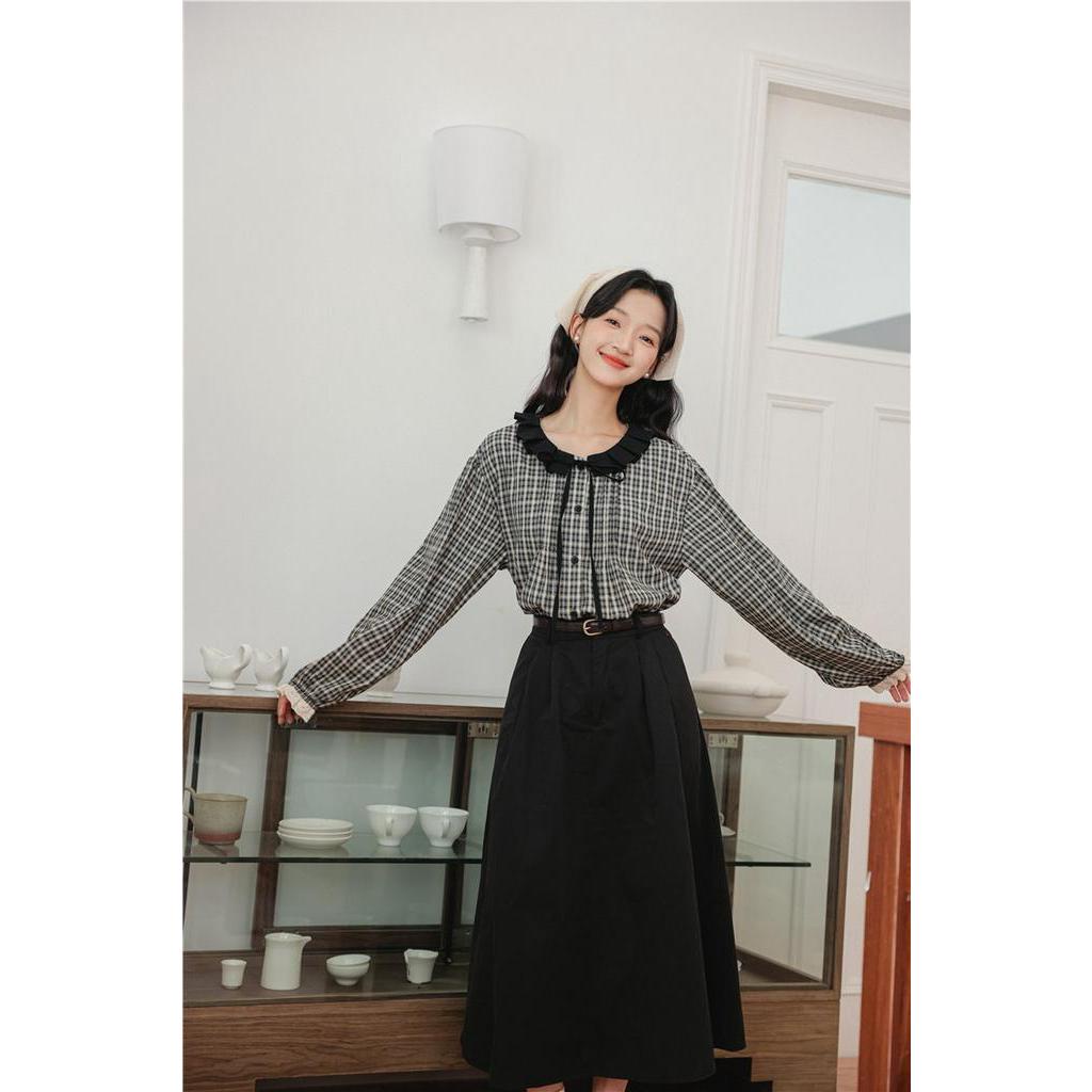 Áo Sơ Mi Sọc Ca Rô Màu Sắc Tương Phản Phong Cách retro Mùa Thu 67403