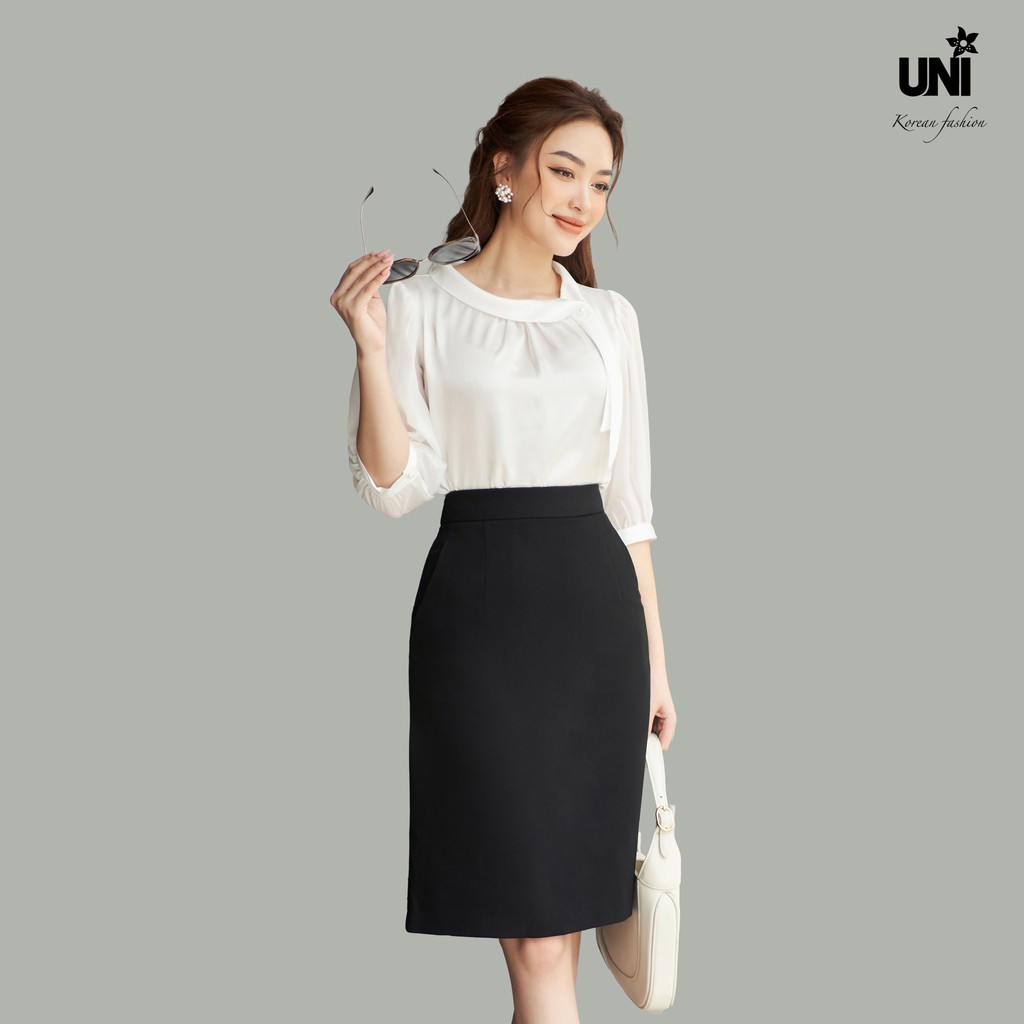 Chân Váy Chữ A UNIVTH Công Sở Cạp Cao Đen Trắng 5CA184 Uni Korean Fashion