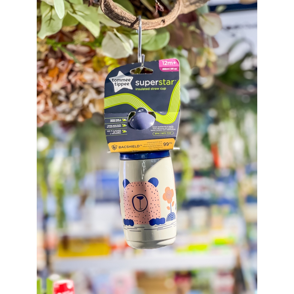 Bình uống nước giữ nhiệt có ống hút kháng khuẩn chống tràn, chống sặc Tommee Tippee SuperStar, 266ml, cho bé từ 12 tháng