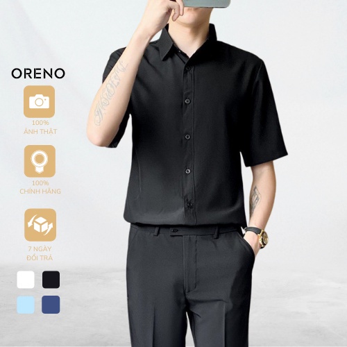 ☇Áo Sơ Mi nam ngắn tay ORENO Trắng Đen chất đẹp, cộc body Hàn Quốc