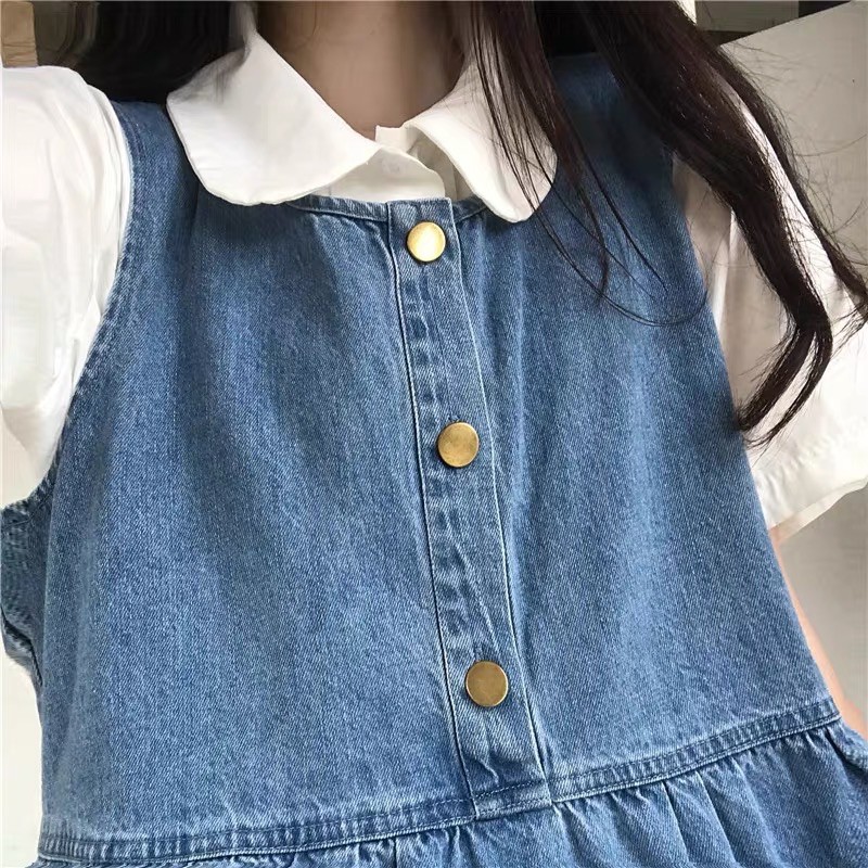 Set váy yếm jeans dáng dài + áo sơ mi trắng ngắn tay cổ sen dễ thương vintage ulzzang Nhật Bản [Yannie]