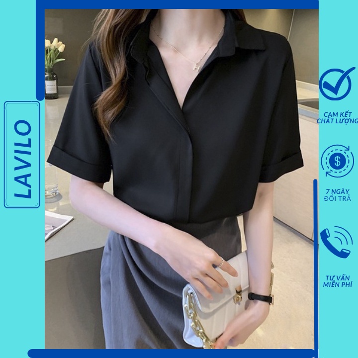 Áo sơ mi nữ kiểu công sở tay ngắn lỡ thiết kế dấu nút phong cách hàn quốc chất vải lụa chéo chống nhăn LAVILO SM13