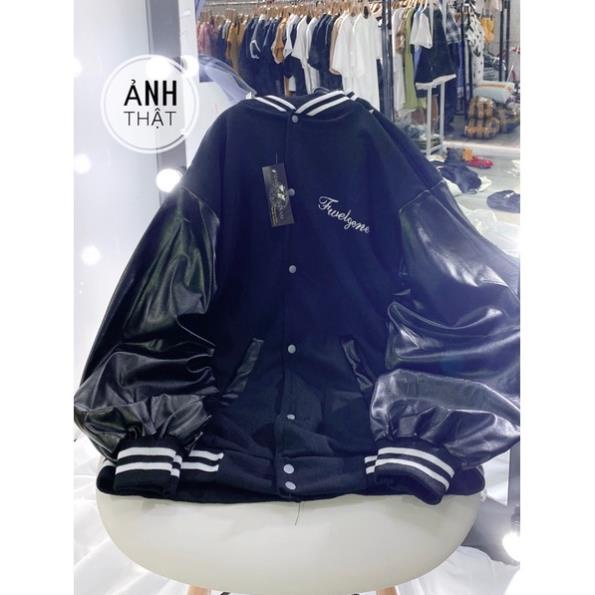 [VIDEO ẢNH THẬT] Áo Khoác Bomber Chữ Ngực Phối Da Unisex- Jacket Dáng Thể Thao Đen Cổ Viền Nỉ Freesize Ulzzang Nam Nữ