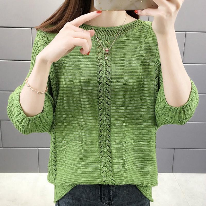 Áo Sweater Dệt Kim Mỏng Tay Lỡ Cổ Tròn Thiết Kế Đục Lỗ Dễ Phối Đồ Thời Trang Cho