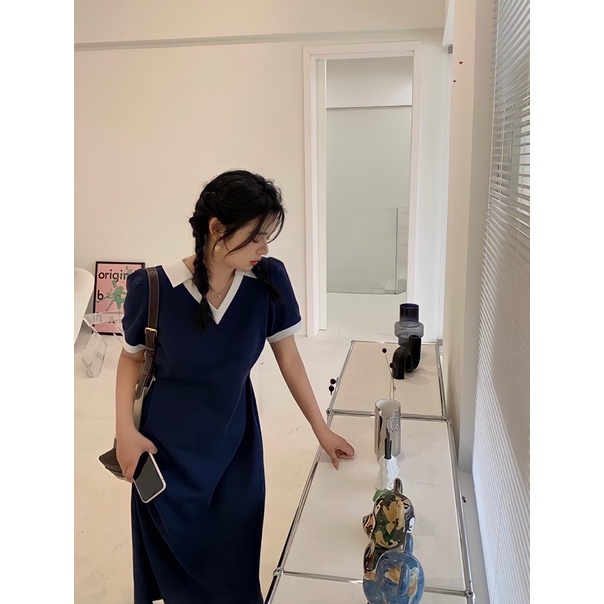 Đầm Polo Cổ V Dáng Dài Cộc Tay MEI YING OFFICIAL. Váy Công Sở Cổ Đức Dáng Dài Thiết Kế Chiết Eo Hàng Quảng Châu