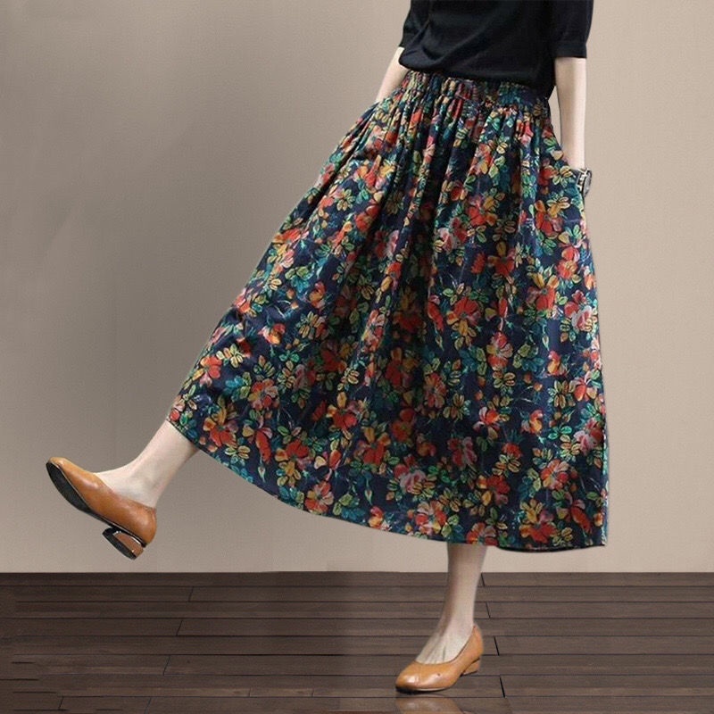 Chân Váy Dài Chữ A Lưng Cao Co Giãn In Họa Tiết Hoa Thời Trang Mùa Hè Phong Cách Retro Dành Cho Nữ