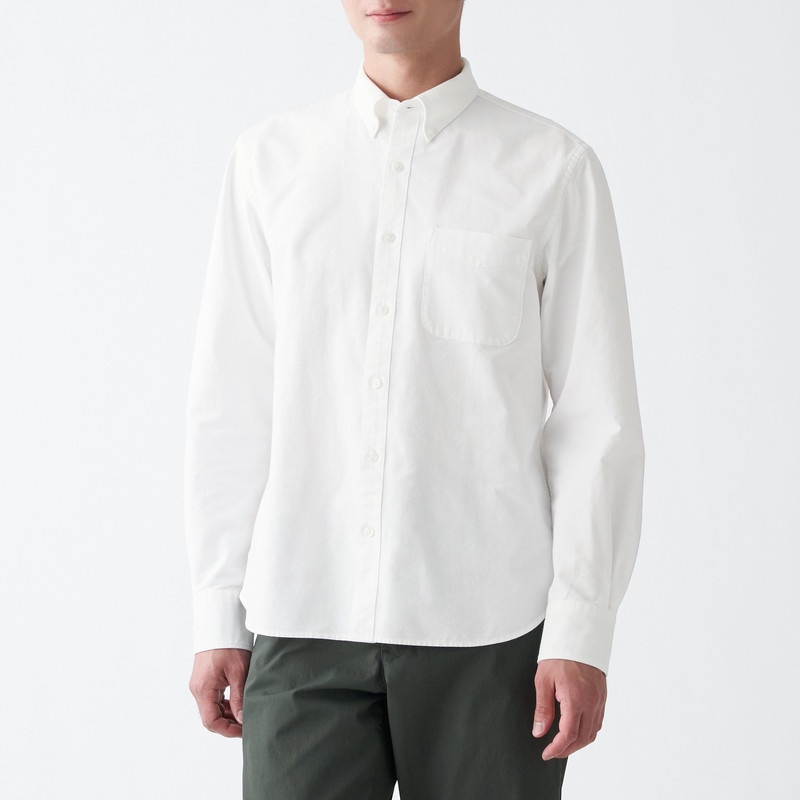 Muji Áo Sơ Mi Vải Oxford Washed Cổ Cài Nút