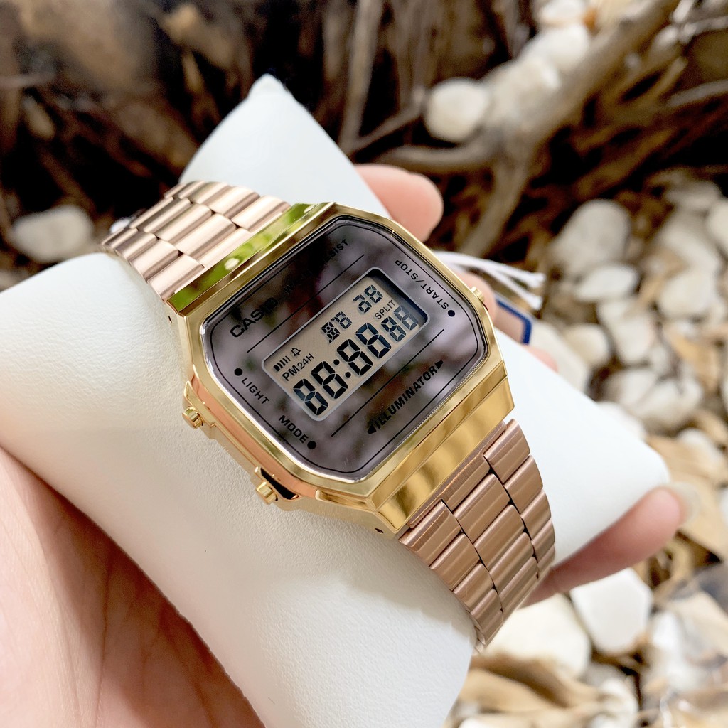 Đồng hồ điện tử nữ dây thép Casio standard A168 Rose Gold