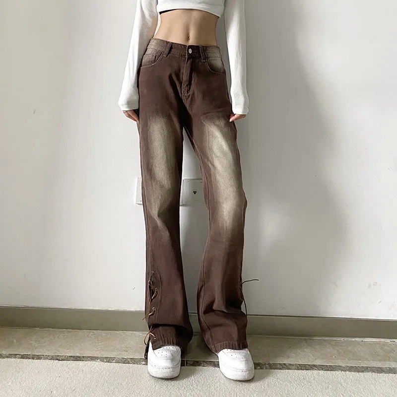 Quần Jean Ống Rộng Lưng Cao Màu Nâu Cổ Điển Dễ Phối Đồ Thời Trang Mùa Hè Cho Nữ