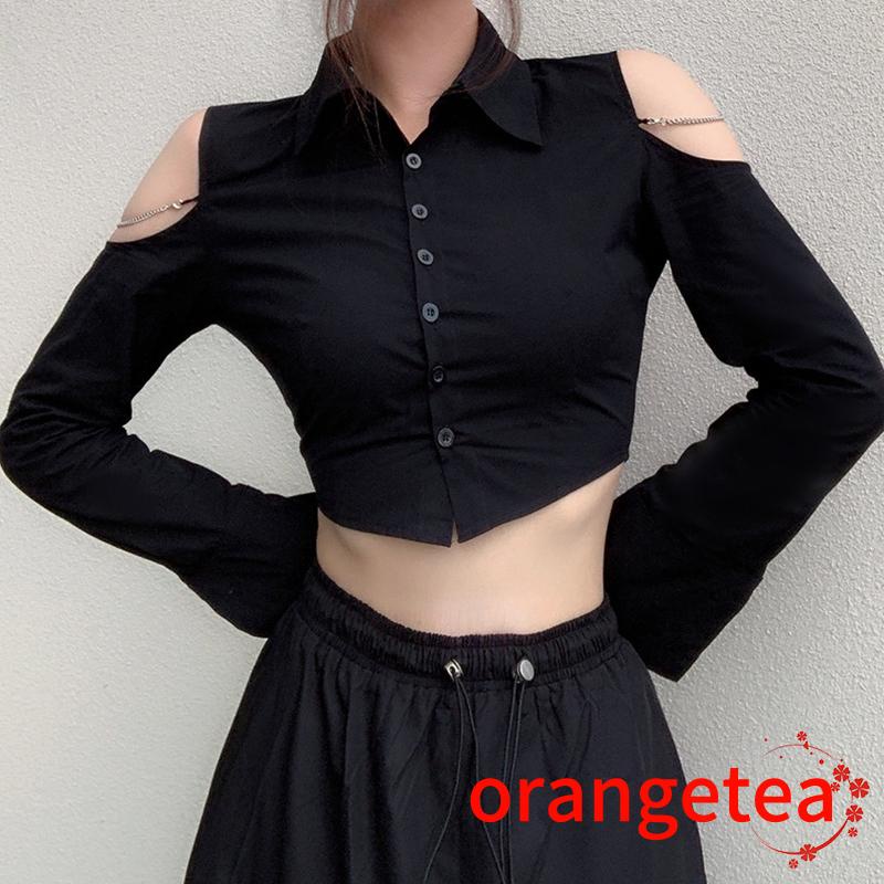 Áo Croptop Trễ Vai Tay Dài Màu Sắc Ngọt Ngào Phối Dây Xích Thời Trang Cho Nữ