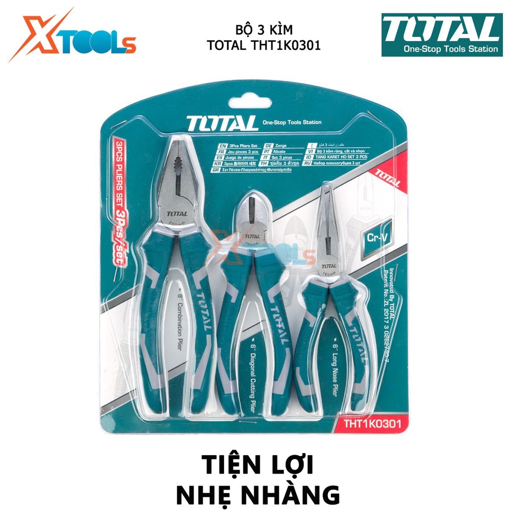 Bộ kìm cắt, kìm điện và kìm mỏ nhọn TOTAL THT1K0301 | bộ 3 kềm cắt, kềm răng và kềm mỏ dài gồm 3 cây kìm kềm răng 8 inch