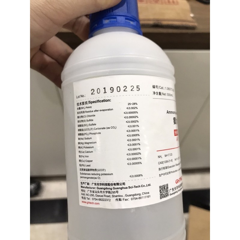 NH3 amoniac NH4OH chai 500ml Xylong CAS 1337-21-6 ammonia solution