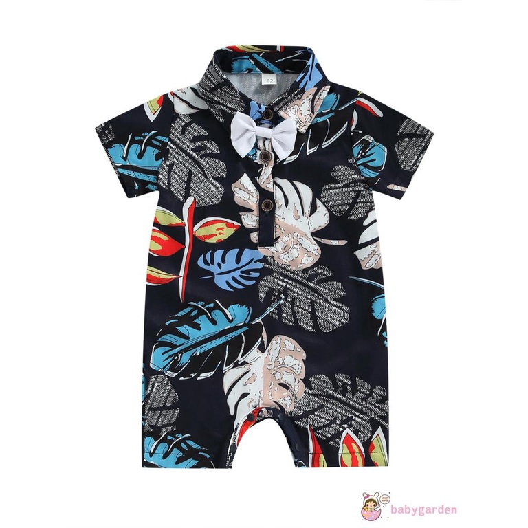 Bộ Áo Liền Quần Tay Ngắn Cổ Bẻ In Họa Tiết Lá Đính Nơ Thời Trang Mùa Hè Cho Bé Trai 0-18 Tháng Tuổi