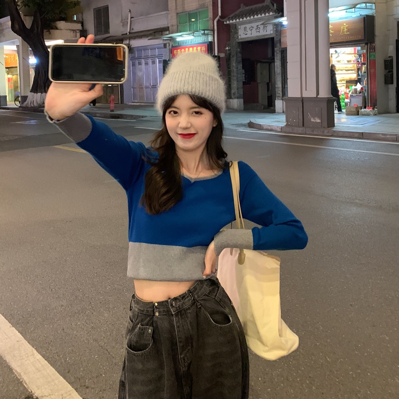 Áo ZHELIHANGFEI dệt kim giả hai mảnh tay dài eo cao đa năng quyến rũ