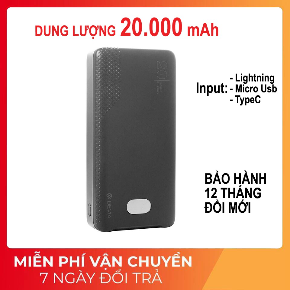 Pin dự phòng Devia 20.000 mAh có LED 3 cổng TypeC/Lightning/MicroUSB