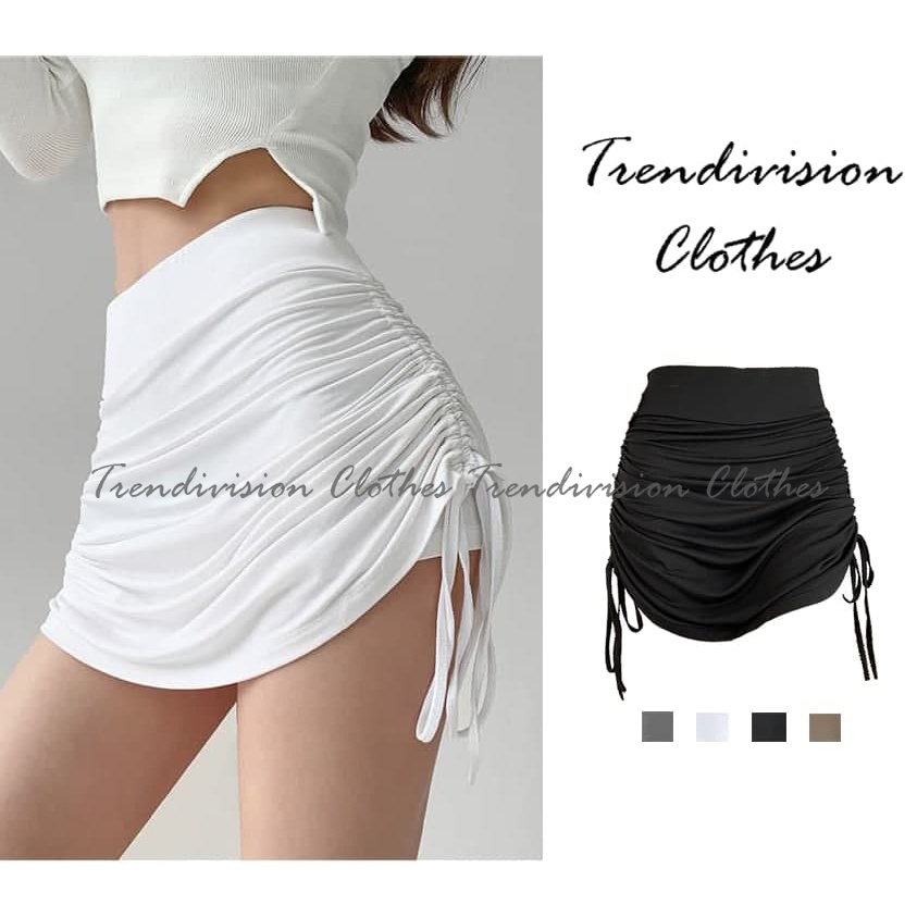 Chân Váy ngắn cạp cao rút dây cạnh có quần bên trong Đầm dây rút cạp to may 2 lớp vải