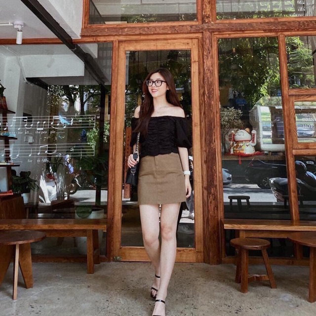Set Áo Đũi Nhúm Và Chân Váy Kaki , Set Trễ Vai Nhúm Cao Cấp