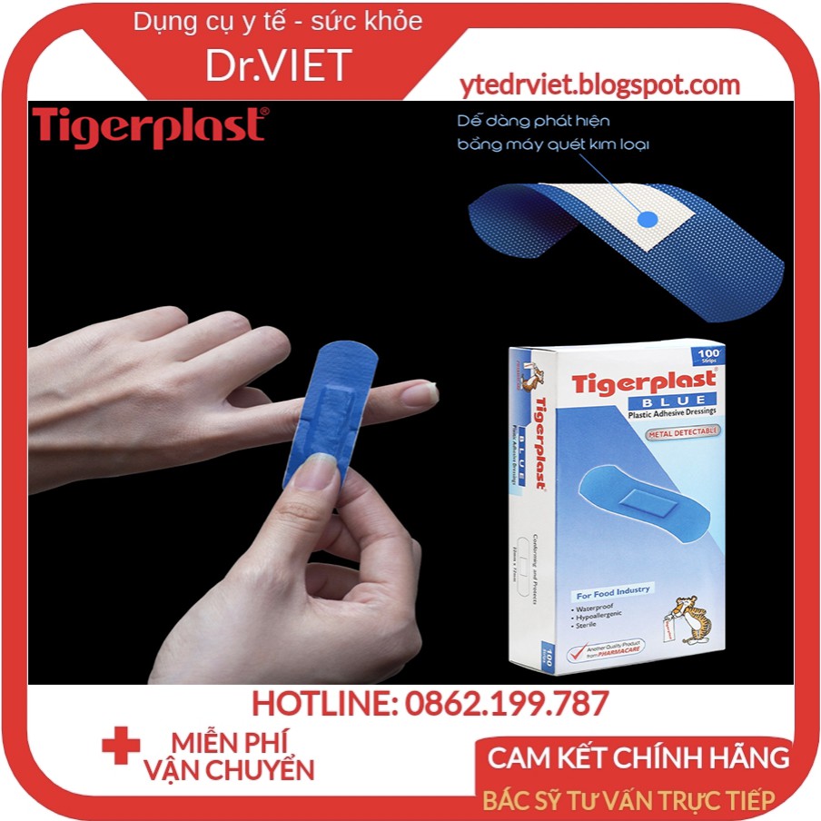 Băng keo cá nhân có kim loại Tigerplast Blue 100pcs-Dùng trong nhà máy chế biến thực phẩm