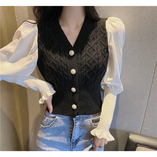 [Order + Ảnh thật] Áo Len Mỏng Cổ V Dài Tay Cách Điệu