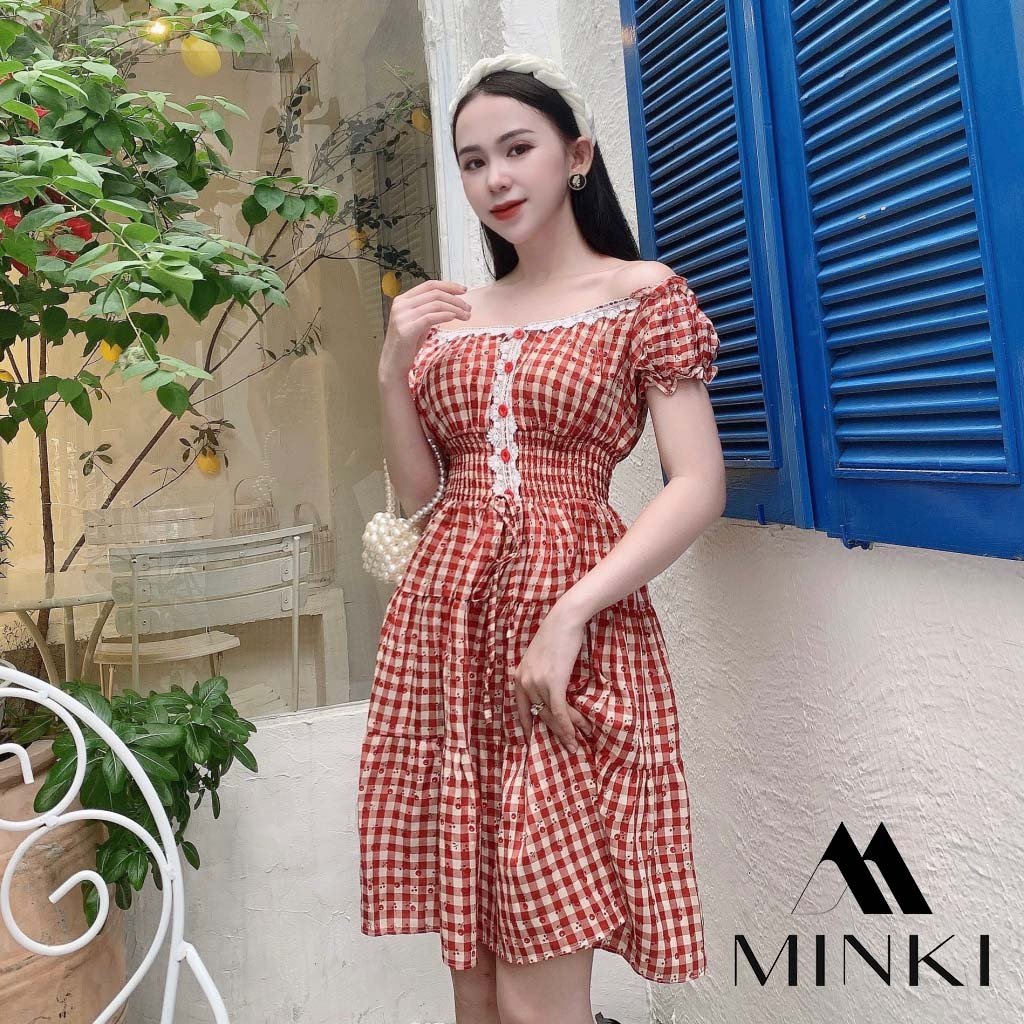 ĐẦM TRỄ VAI KARO PHA REN HOA - CHẤT LIỆU THÔ ĐAN HOA NHẬP KHẨU - MÀU ĐỎ VÀ ĐEN
