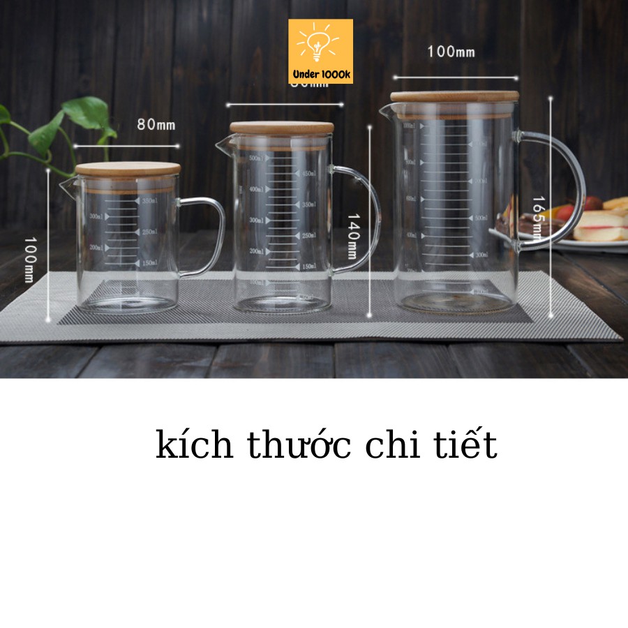 Cốc chia vạch - cốc thủy tinh - có nắp chịu nhiệt tốt làm cốc uống cà phê hoặc bình pha sữa có chia ml