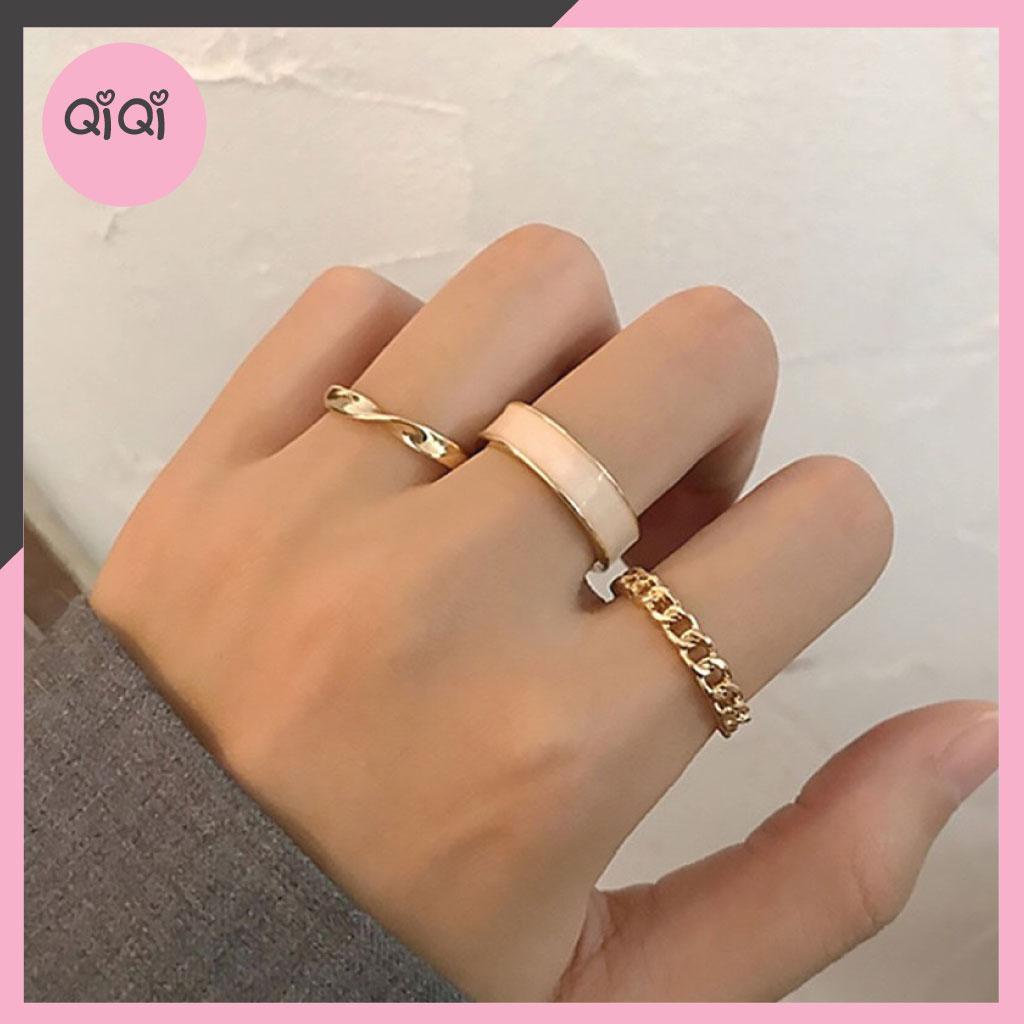 Set 3 Nhẫn Hợp Kim Vàng Nhiều Hình Phong Cách Hàn Quốc Mã N13 QiQiShop