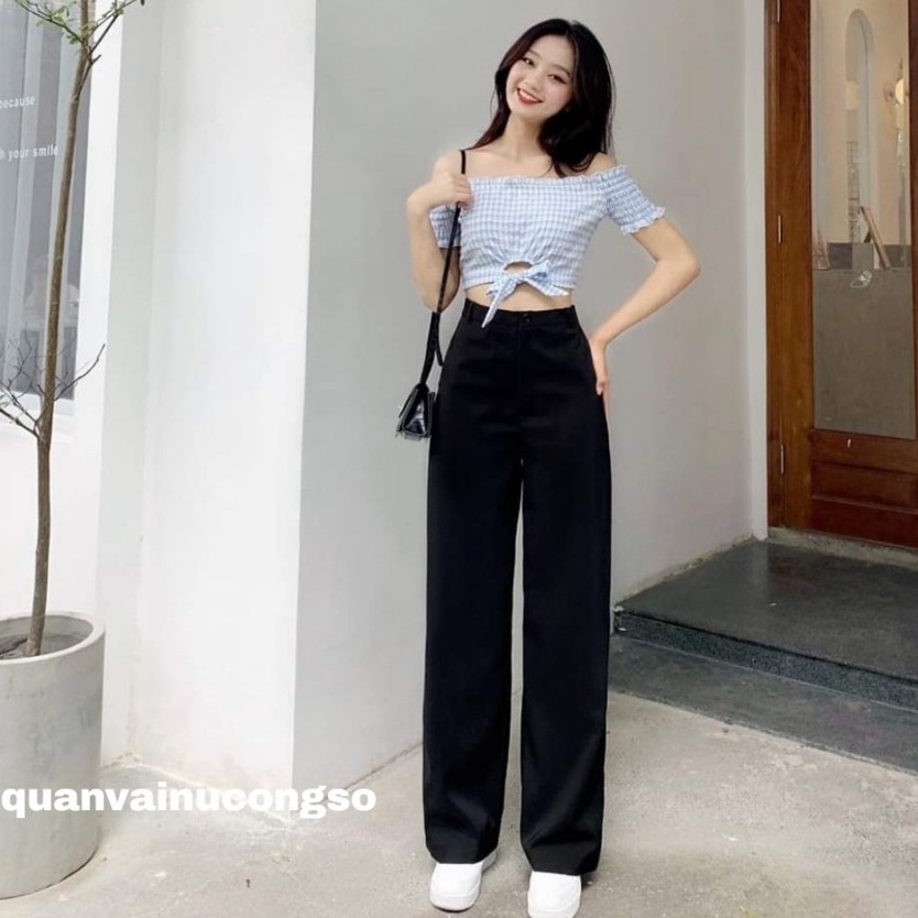 Quần ống rộng nữ dài công sở culottes lưng cao vải mềm trơn - Quần suông đen đi học chất tuyết mưa vải dáng mặc học sinh