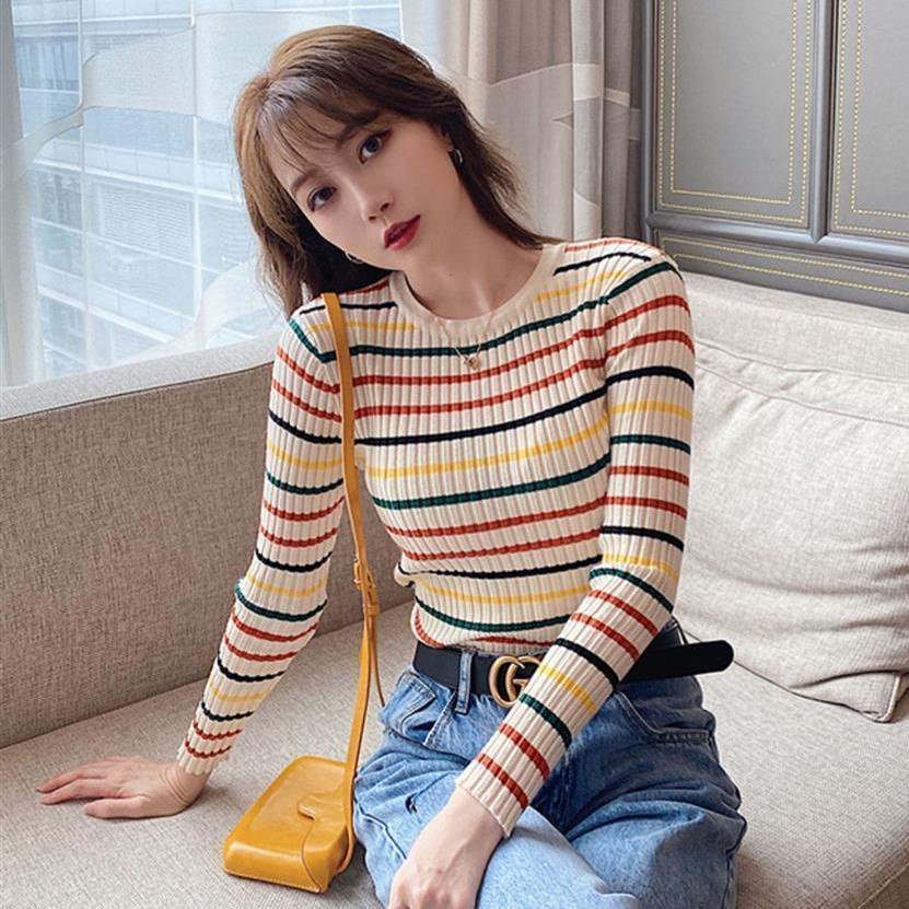Áo Sweater Dệt Kim Cổ Tròn Tay Dài Dáng Ôm Họa Tiết Kẻ Sọc Cầu Vồng Thời Trang Thu Đông 2021 Mới