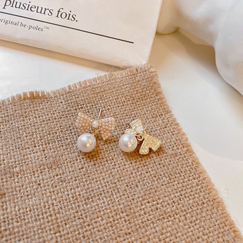 Khuyên Tai Hình Nơ Đính Đá Ngọc Trai Phong Cách Cổ Điển Mới