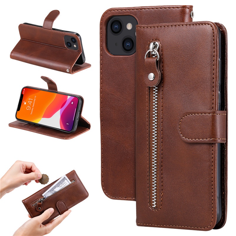 Bao da điện thoại nắp lật tích hợp ví đựng thẻ có khóa kéo cho iPhone 13 12 Mini 11 Pro XS Max