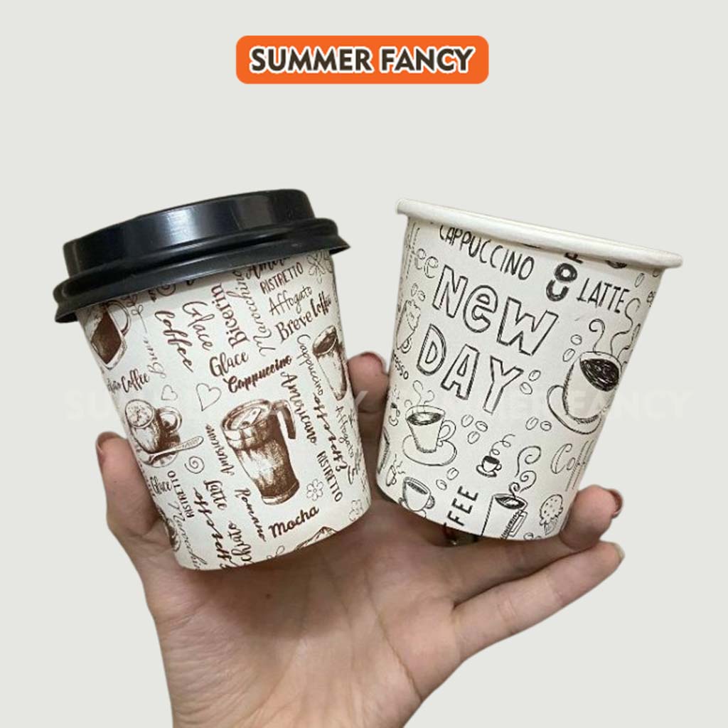 50 ly giấy 240ml ~ 8oz nắp đen phong cách Hàn Quốc New Day Mocha hình trắng đen nâu xanh dùng 1 lần - Paper cup