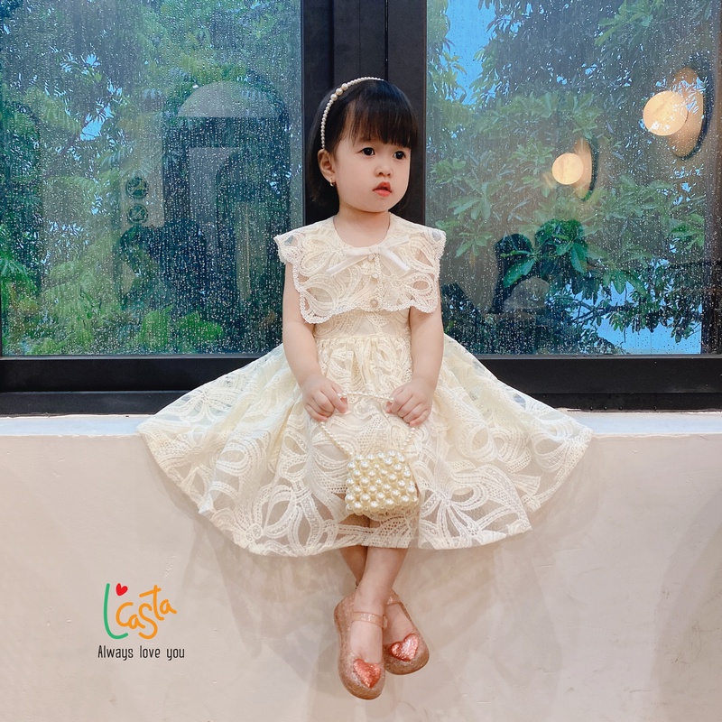 Váy công chúa cổ viền ren, thắt nơ xinh xắn dễ thương 2 lớp bé gái từ 8 đến 33kg Lcasta V0039