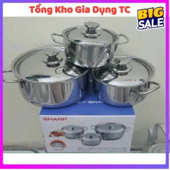 Bộ nồi inox dùng bếp từ bếp gas bếp hồng ngoại 3 món size 16,20,24cm 1 đáy- hàng quà tặng