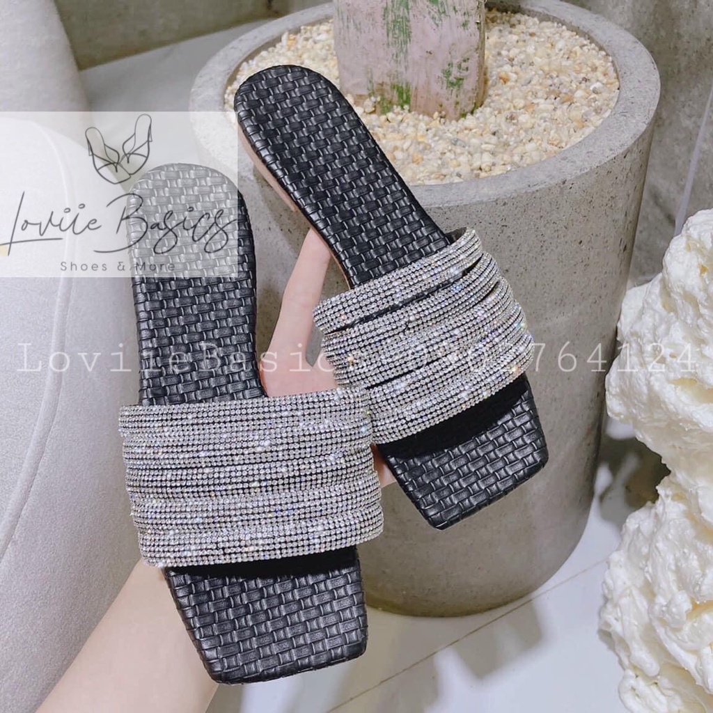DÉP NỮ THỜI TRANG LOVIIE BASICS - DÉP LÊ ĐÍNH ĐÁ DÂY XOÀN Ô CARO MŨI VUÔNG D211001 D211109